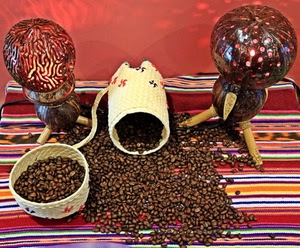 caffè, chicchi, lampade, tovaglia, marrone, grani, ciotola, righe, ciotole, colori, rosso