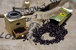 caffè, macinino, chicchi, busta, tela, scritte, cuore, sacchetto, iuta
