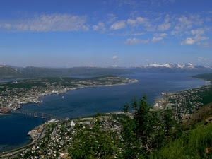 panorama, ponte, montagne, cielo, mare, acqua, lago, alberi, nuvole