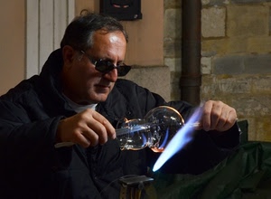 vetro, artigiano, occhiali, fiamma, mani, uomo, fuoco, sfera
