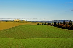 verde, colline, casa, alberi, panorama, prati, cielo, campi, campagna, cipressi, paesaggio