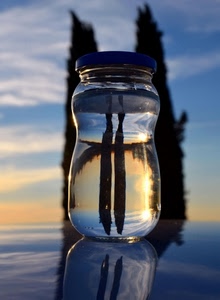vetro, alberi, riflesso, barattolo, acqua, due, vaso, trasparenza, nuvole, trasparenze