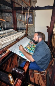 telaio, artigiano, fili, uomo, lavoro, tela, tappeto, colori, tessitore