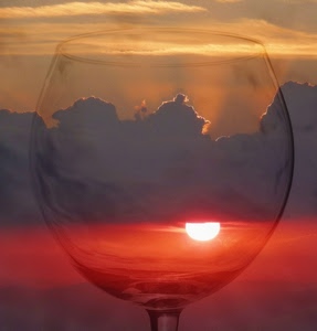 bicchiere, nuvole, tramonto, sole, trasparenza, vetro, cielo, controluce, calice