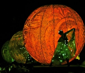 luci, verde, sfere, donna, arancio, arancione, nero, notturno, ballerina, notte, tre, velo, colori