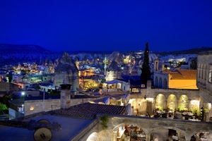 panorama, città, blu, luci, case, notturno, notte, archi, tetti, albero, cielo