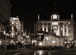 tram, notte, bianconero, luci, palazzi, rotaie, notturno, binari, strada