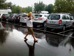 pioggia, alberi, donna, targhe, riflesso, parcheggio, auto, automobili, macchine, riflessi, verde, strada, rosso, passante, bianco, acqua, asfalto, persona, gonna, bagnato