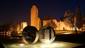 notturno, luci, torre, monumento, scultura, alberi, mura, illuminazione, notte, castello, ruote
