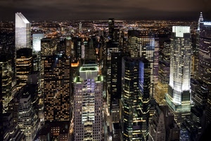 grattacieli, luci, notte, città, notturno, finestre, panorama