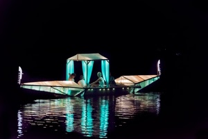 gondola, acqua, luci, riflesso, barca, riflessi, notte, persone, nero, azzurro, notturno, verde