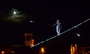 equilibrista, luna, notte, fune, asta, filo, luci, corda, notturno
