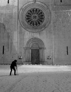 fotografo, rosone, neve, chiesa, facciata, porta, portale, arco, portone, bianconero