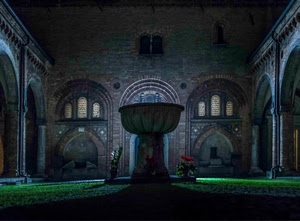 finestre, fontana, archi, prato, notturno, colonne, chiostro, verde, notte, interno