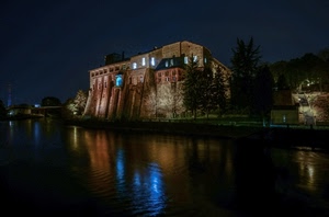 fiume, castello, notturno, luci, alberi, notte, riflessi, acqua, riflesso