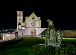 statua, chiesa, assisi, notturno, prato, campanile, notte, basilica, monumento