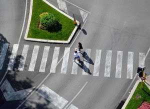 strisce, strada, passanti, due, aiuola, aiuole, pedoni, ombre
