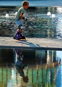 bambino, acqua, pattini, riflesso, fontana