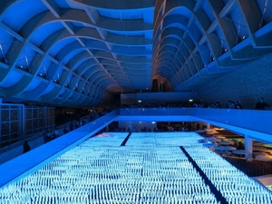 expo, azzurro, blu, curve, padiglione, architettura, persone