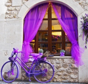finestra, bicicletta, viola, tenda, tende, arco, lavanda, ruote