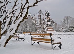 neve, inverno, alberi, panchine, monumento, lampione, bianco, panchina, cielo, statua, grigio, due, rami