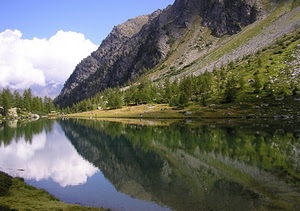lago, riflesso, montagna, nuvole, alberi, verde, montagne, panorama