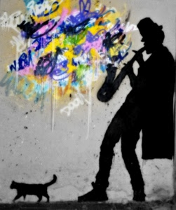 gatto, ombra, nero, sassofono, muro, colori, musicista, murales, musica, sax, artista