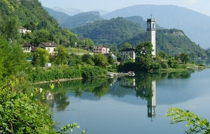 lago, riflessi, alberi, riflesso, campanile, montagne, acqua, montagna, verde, chiesa