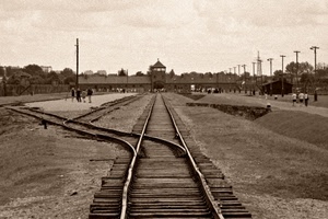 binari, traversine, bianconero, stazione, campo, persone, seppia, ferrovia, concentramento, cielo, binario, scambio, passanti