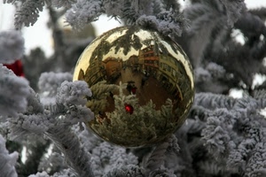 natale, albero, palla, riflesso, neve, oro, bianco, sfera, abete, piazza, inverno