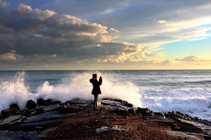 mare, nuvole, onde, fotografo, fotografa, scogli, onda, spruzzi, cielo, persona