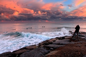 fotografo, onde, mare, nuvole, tramonto, scogli