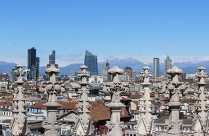 grattacieli, montagne, tetti, cielo, guglie, panorama, città, milano, edifici, pinnacoli, neve, case