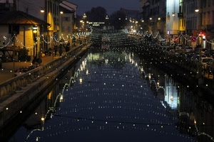 luci, canale, acqua, notturno, notte, riflessi, case, riflesso, luminarie, natale, naviglio