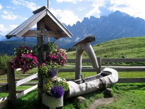 fiori, fontana, croce, montagna, crocifisso, legno, acqua, montagne, verde, crocefisso