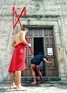 rosso, sangue, croce, portone, chiesa, porta, gambe, uomini, devozione, due, freccia, pasqua