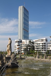 grattacielo, statua, fontana, acqua, zampilli, cielo, palazzi