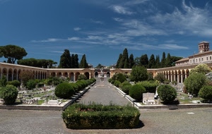 cimitero, alberi, tombe, nuvole, cielo, verde, viale, cespugli, archi, colonne, statua, torre, portici, azzurro, giardino, siepi, prospettiva, piante, aiuola, orologio