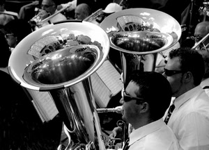 bianconero, banda, musicisti, occhiali, due, riflesso, riflessi, uomini, musica, trombe, tromboni, ottoni, strumenti