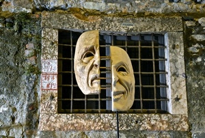 finestra, grata, maschera, muro, maschere, metà, due, inferriata, ferro