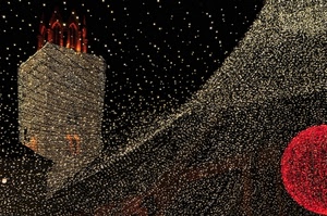 luci, natale, notte, rosso, campanile, torre, luminarie, decorazioni, sfera, bianco, notturno, nero, cerchio
