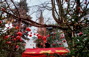 rosso, natale, palle, albero, decorazioni, rami, palline, campanile, alberi