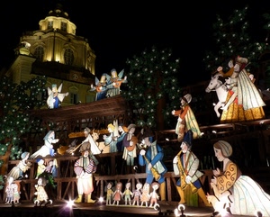presepe, chiesa, natale, notte, luci, figure, notturno, personaggi