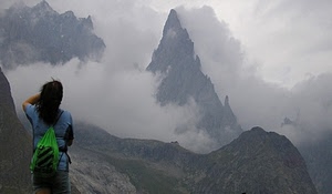 montagne, nuvole, zaino, fotografa, nebbia, donna, vette, cime