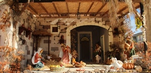 presepe, pecore, madonna, arco, pastore, zucca, zampognaro, capanna, giuseppe, presepio, oche, natale, gesù, tettoia, portico, statue, famiglia, animali