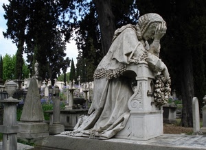 cimitero, statua, tombe, alberi, donna, corona, monumento, croci, statue
