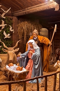 presepe, bue, madonna, paglia, presepio, maria, culla, bambino, giuseppe, colombe, mucca, statue, stalla