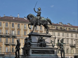 cavallo, monumento, spada, statue, palazzo, piazza, cielo, statua, torino, comignoli, finestre
