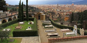 tombe, cimitero, panorama, firenze, cupola, città, lapidi, alberi