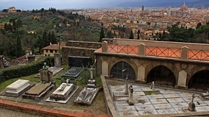 cimitero, tombe, croci, città, panorama, firenze, alberi
